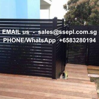 Black horizontal-slat fence on a wooden deck with overlaid contact text: 'EMAIL us sales@ssepl.com.sg; PHONE/WhatsApp +65 83280194'