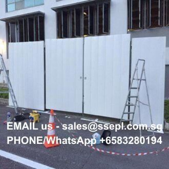 Construction site with white portable wall panels and ladders; overlaid contact info reads Email sales@ssepl.com.sg and Phone/WhatsApp +65 83280194.