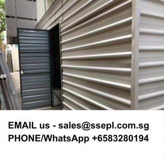 Photo of a beige corrugated metal storage unit with an open dark door; bold text below shows contact info: 'EMAIL us - sales@... com.sg; PHONE/WhatsApp +65 83280194'