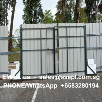 Industrial gate panels in a fenced lot with overlaid contact text: EMAIL us sales@ssepl.com.sg and PHONE/WhatsApp +65 83280194 among the gate edges.
