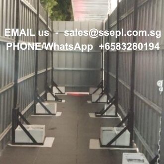 Narrow outdoor corridor with metal walls; text overlays show email sales@ssepl.com.sg and WhatsApp +65 83280194.