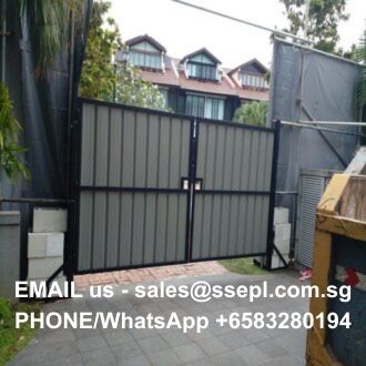 Open metal gate at a construction site; white text overlaid with contact: Email sales@ssepl.com.sg, PHONE/WhatsApp +6583280194.
