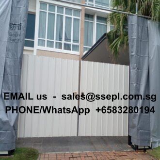 Gate to a building entrance with palm trees; overlaid contact text reads: 'EMAIL us - sales@ssepl.com.sg PHONE/WhatsApp +65 83280194'