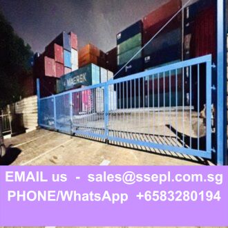 Blue metal gate in front of stacked shipping containers; purple banner at bottom displays email and phone contact information for inquiries.